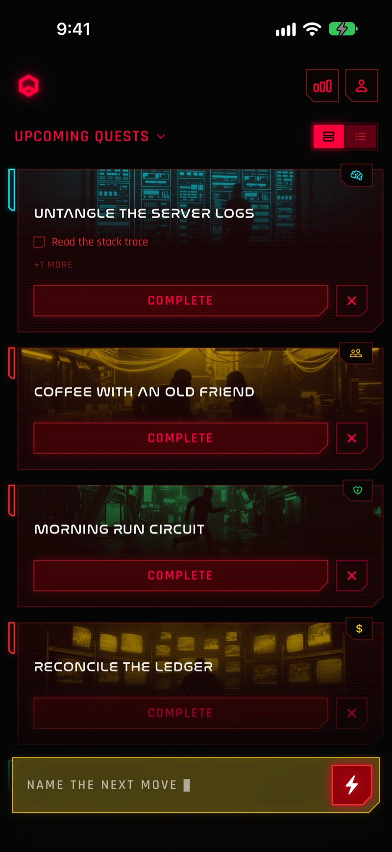The QuestRunner board on iPhone, showing the day’s quests as cards.