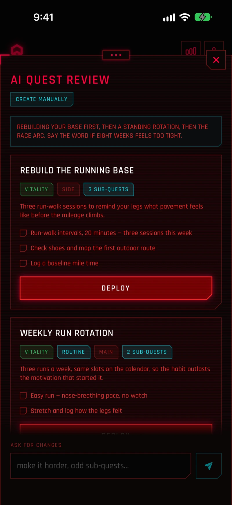 The AI quest review screen on iPhone, showing a generated quest and its objectives before it is deployed to the board.